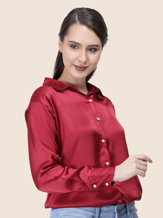 Women'S Premium Maroon Regular Fit Solid Satin Shirt
