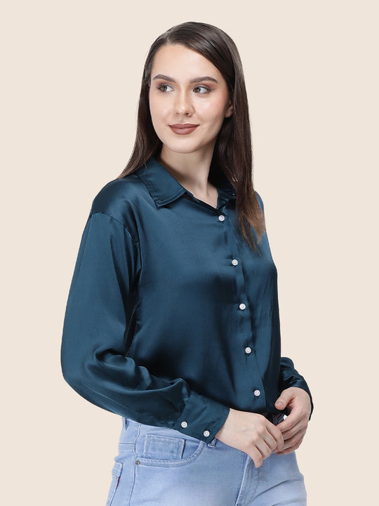 Women'S Premium Deep Teal Regular Fit Solid Satin Shirt