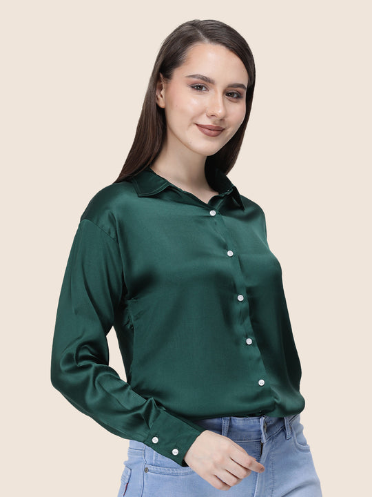 Women'S Premium Emerald Green Regular Fit Solid Satin Shirt
