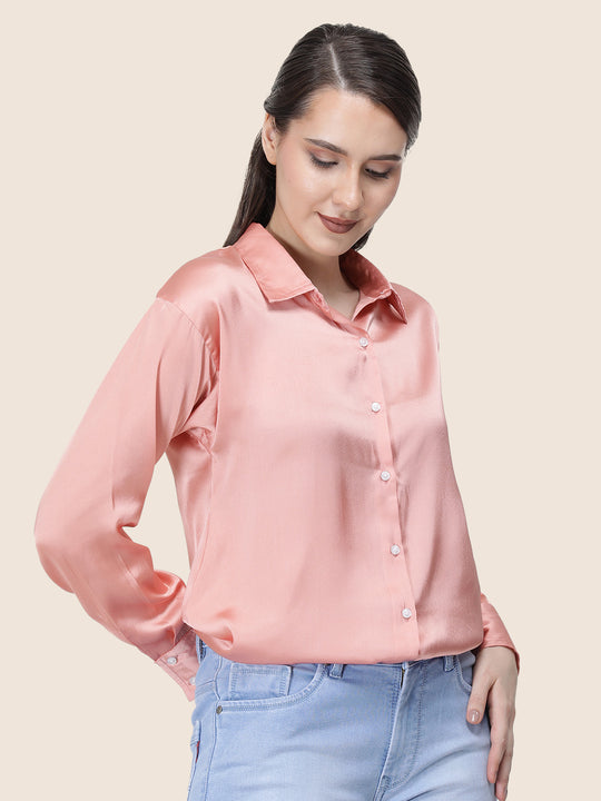 Women'S Premium Peachy Pink Regular Fit Solid Satin Shirt