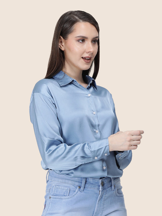 Women'S Premium Steel Blue Regular Fit Solid Satin Shirt