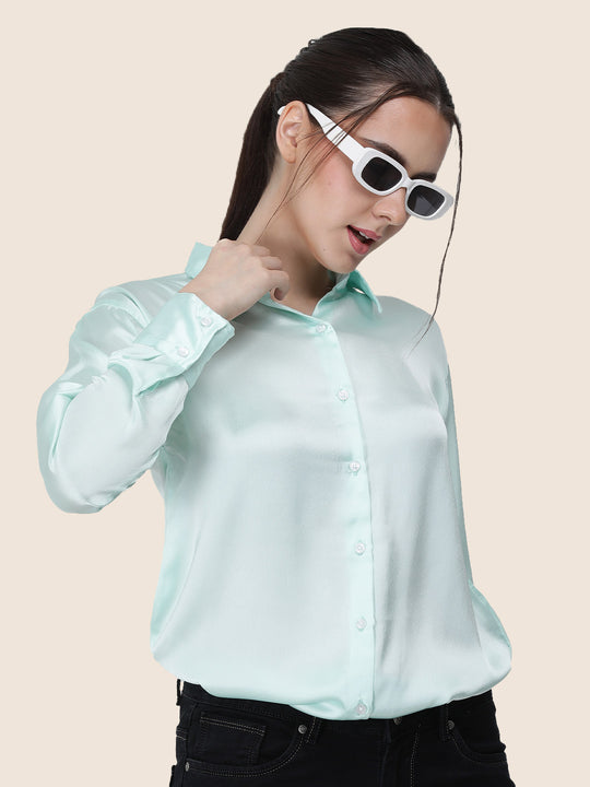 Women'S Premium Ice Green Regular Fit Solid Satin Shirt