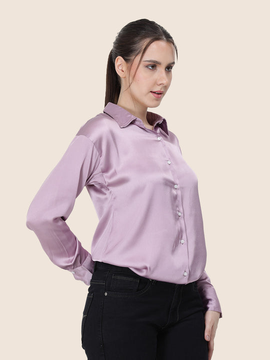 Women'S Premium Lilac Regular Fit Solid Satin Shirt