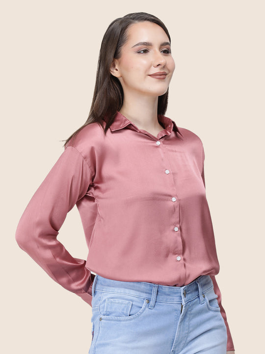 Women'S Premium Rose Pink Regular Fit Solid Satin Shirt