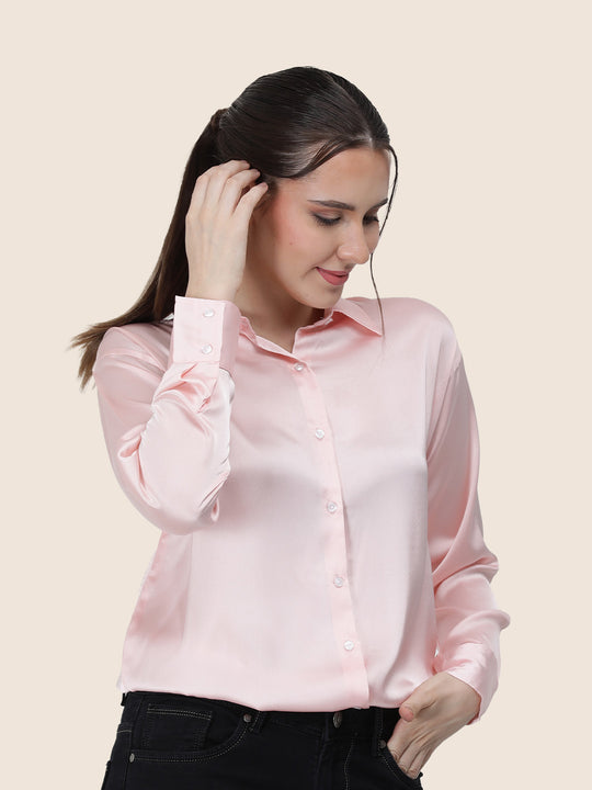 Women'S Premium Soft Pink Regular Fit Solid Satin Shirt