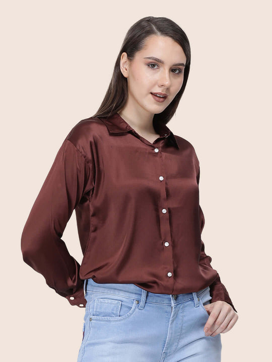 Women'S Premium Chocolate Brown Regular Fit Solid Satin Shirt
