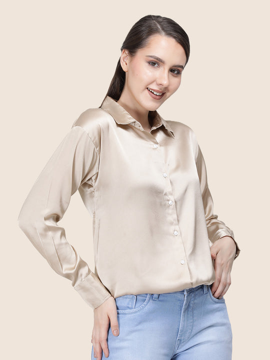 Women'S Premium Tan Brown Regular Fit Solid Satin Shirt