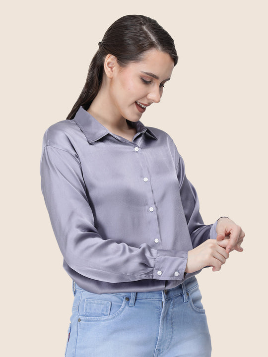 Women'S Premium Bluish Grey Regular Fit Solid Satin Shirt