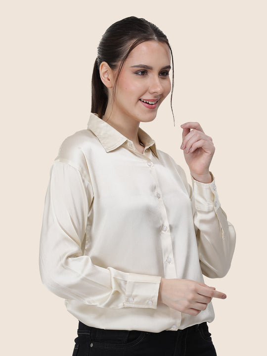 Women'S Premium Off White Regular Fit Solid Satin Shirt