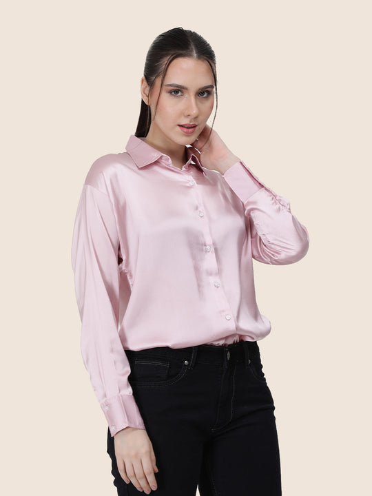 Women'S Premium Light Pink Regular Fit Solid Satin Shirt
