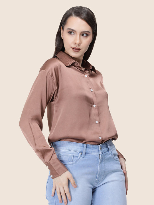 Women'S Premium Brown Sugar Regular Fit Solid Satin Shirt