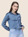 Women'S Premium Marble Blue Regular Fit Solid Satin Shirt