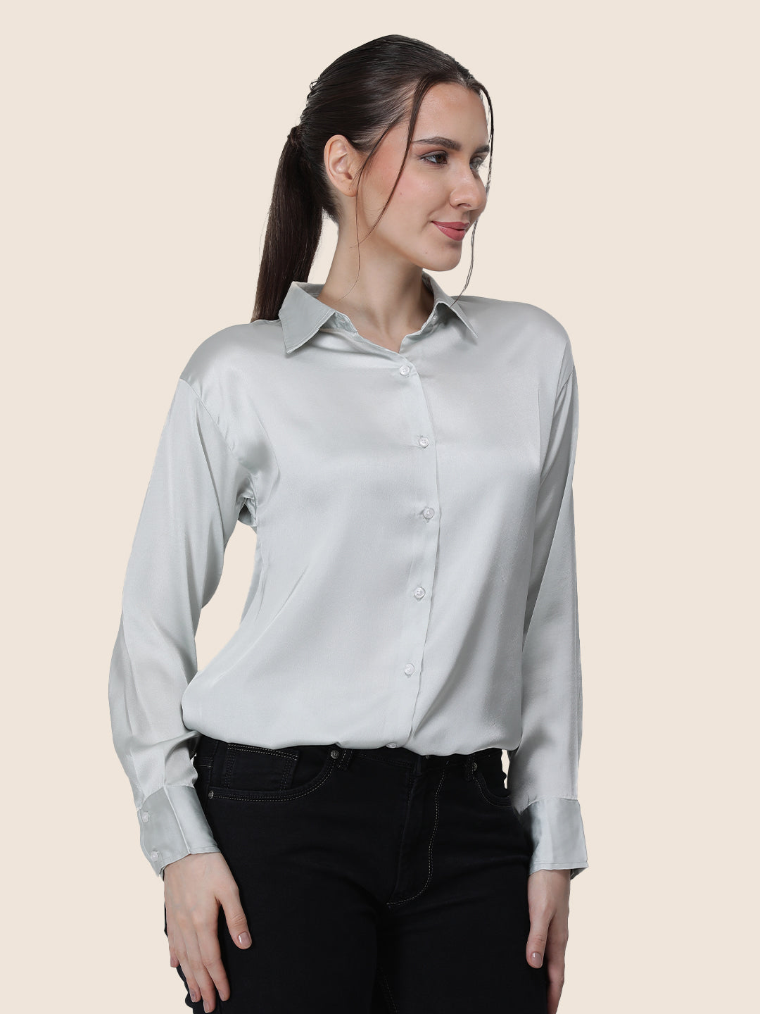 Women'S Premium Steel Grey Regular Fit Solid Satin Shirt