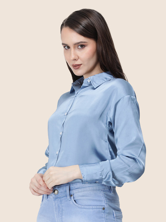 Women'S Premium Steel Blue Regular Fit Solid Satin Shirt