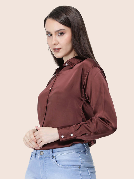 Women'S Premium Chocolate Brown Regular Fit Solid Satin Shirt
