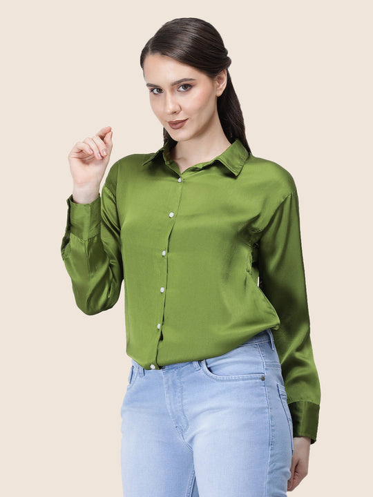 Women'S Premium Olive Regular Fit Solid Satin Shirt