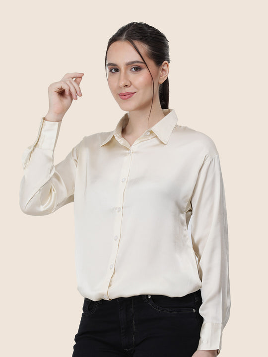 Women'S Premium Off White Regular Fit Solid Satin Shirt