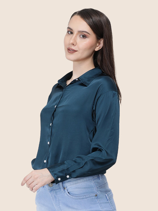 Women'S Premium Deep Teal Regular Fit Solid Satin Shirt