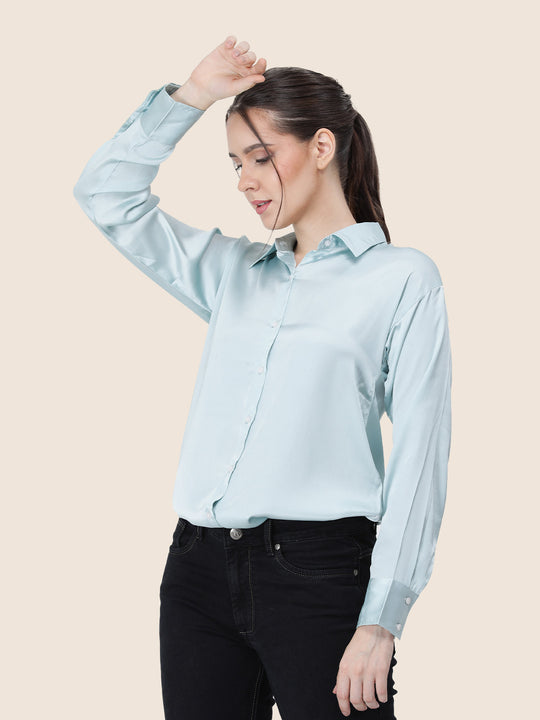Women'S Premium Light Cyan Regular Fit Solid Satin Shirt