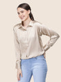Women'S Premium Tan Brown Regular Fit Solid Satin Shirt