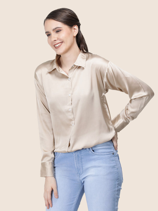 Women'S Premium Tan Brown Regular Fit Solid Satin Shirt