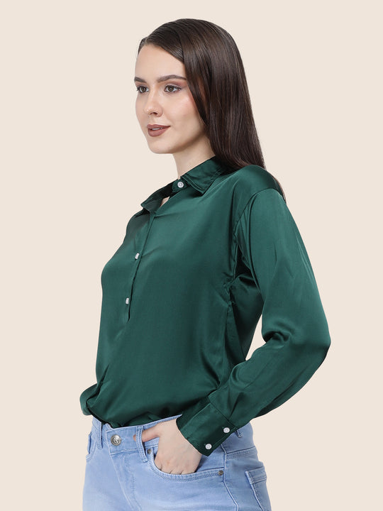 Women'S Premium Emerald Green Regular Fit Solid Satin Shirt