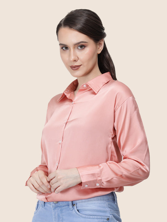 Women'S Premium Peachy Pink Regular Fit Solid Satin Shirt