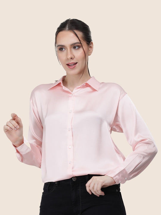 Women'S Premium Soft Pink Regular Fit Solid Satin Shirt