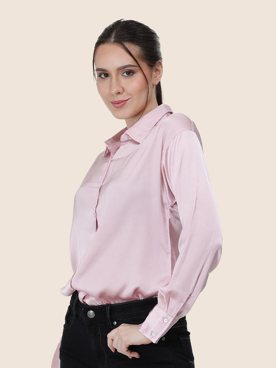 Women'S Premium Light Pink Regular Fit Solid Satin Shirt
