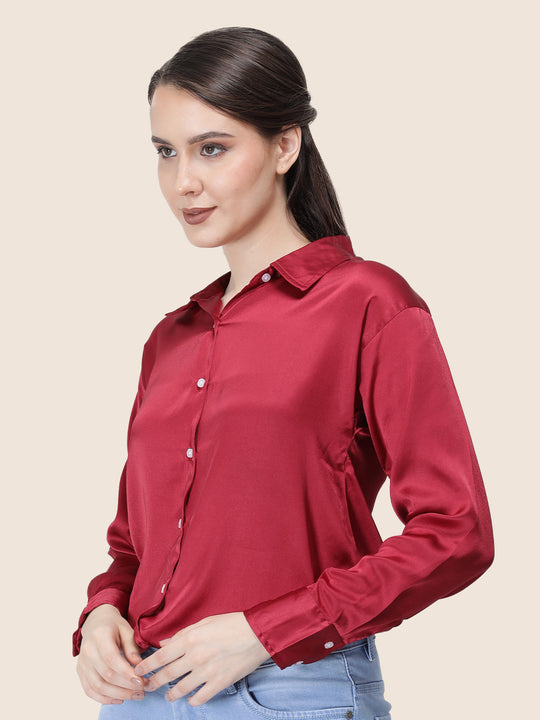 Women'S Premium Maroon Regular Fit Solid Satin Shirt