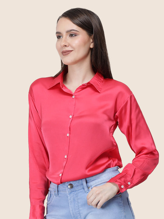 Women'S Premium Ruby Pink Regular Fit Solid Satin Shirt