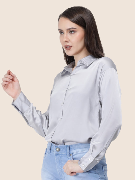 Women'S Premium Grey Regular Fit Solid Satin Shirt