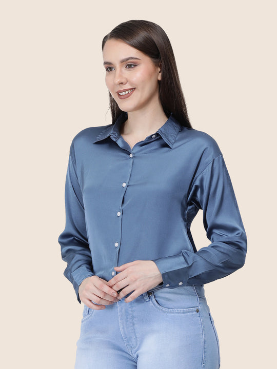 Women'S Premium Marble Blue Regular Fit Solid Satin Shirt