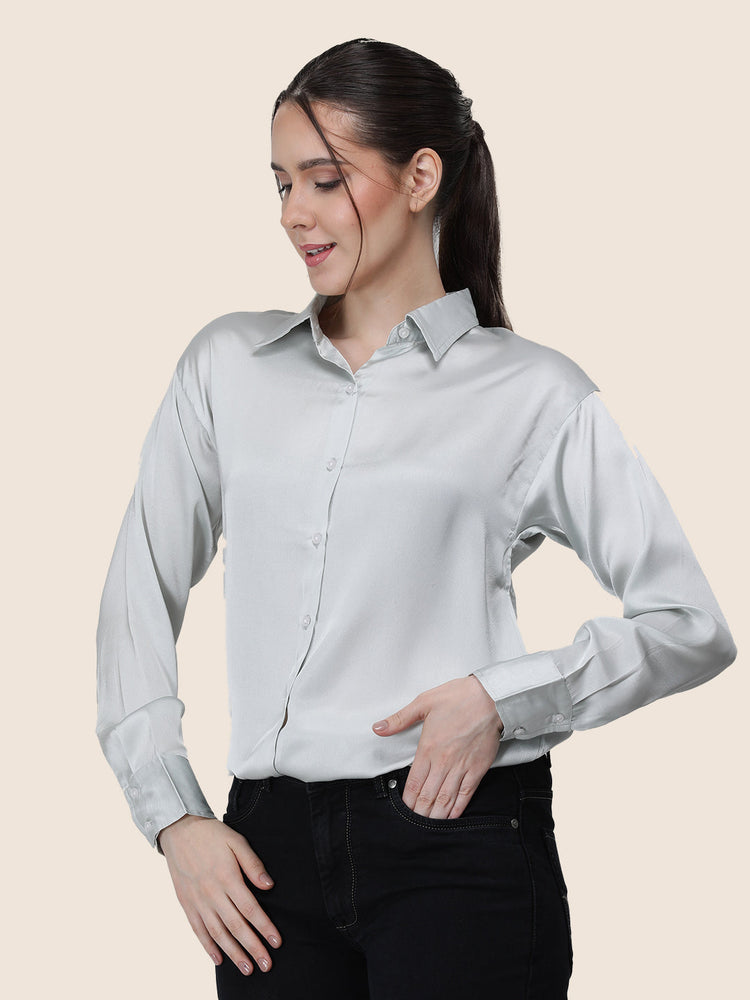Women'S Premium Steel Grey Regular Fit Solid Satin Shirt
