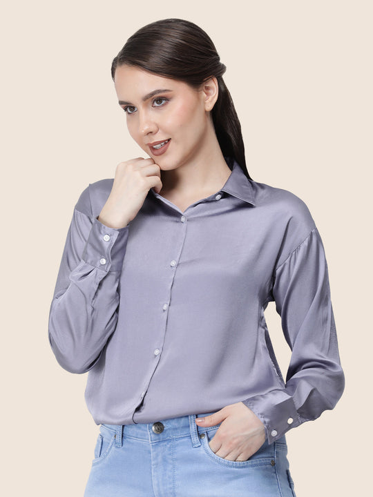 Women'S Premium Bluish Grey Regular Fit Solid Satin Shirt