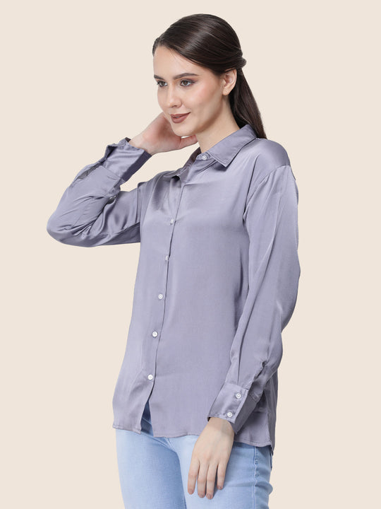 Women'S Premium Bluish Grey Regular Fit Solid Satin Shirt