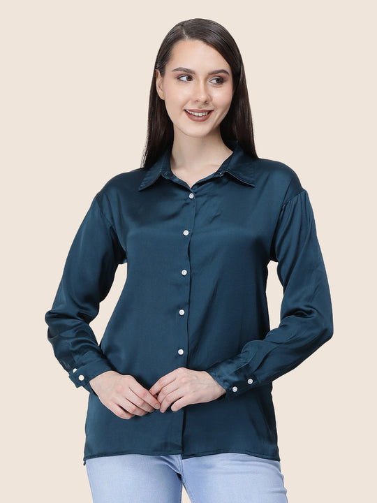 Women'S Premium Deep Teal Regular Fit Solid Satin Shirt