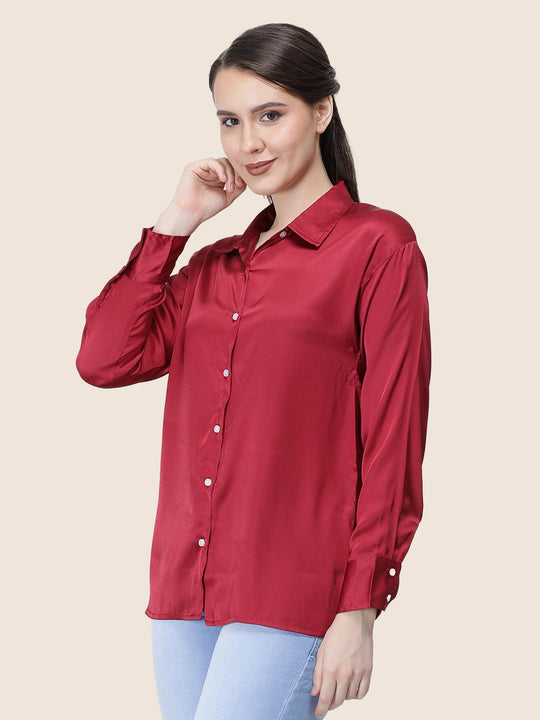 Women'S Premium Maroon Regular Fit Solid Satin Shirt