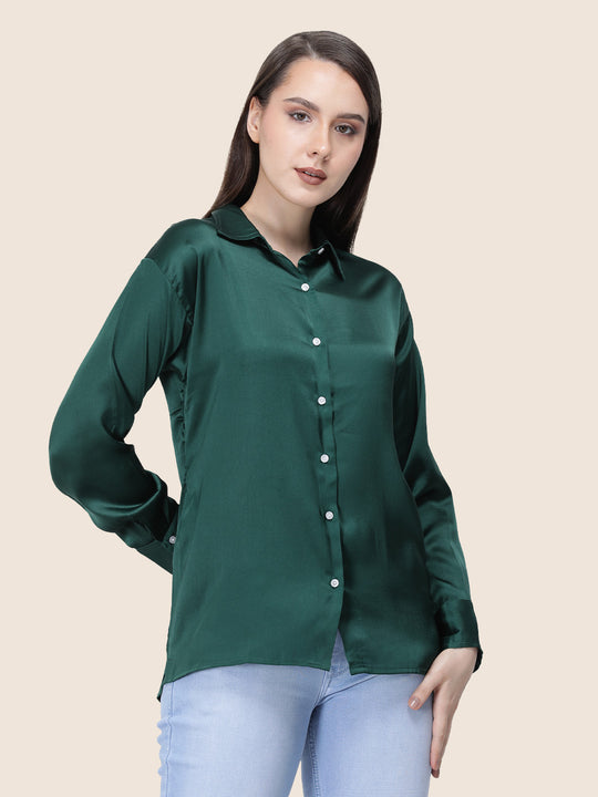 Women'S Premium Emerald Green Regular Fit Solid Satin Shirt
