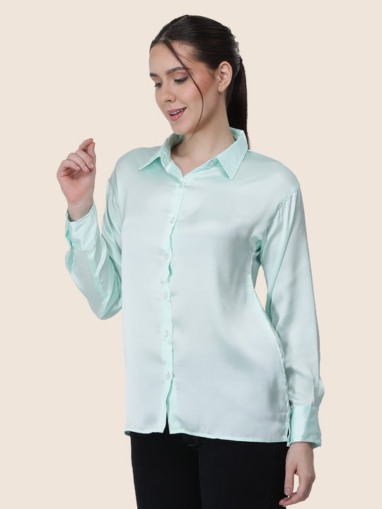 Women'S Premium Ice Green Regular Fit Solid Satin Shirt