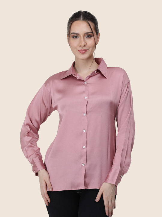 Women'S Premium Blush Pink Regular Fit Solid Satin Shirt