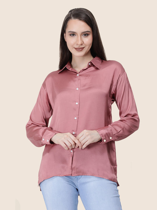 Women'S Premium Rose Pink Regular Fit Solid Satin Shirt