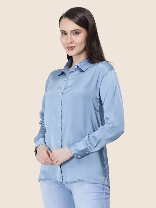 Women'S Premium Steel Blue Regular Fit Solid Satin Shirt