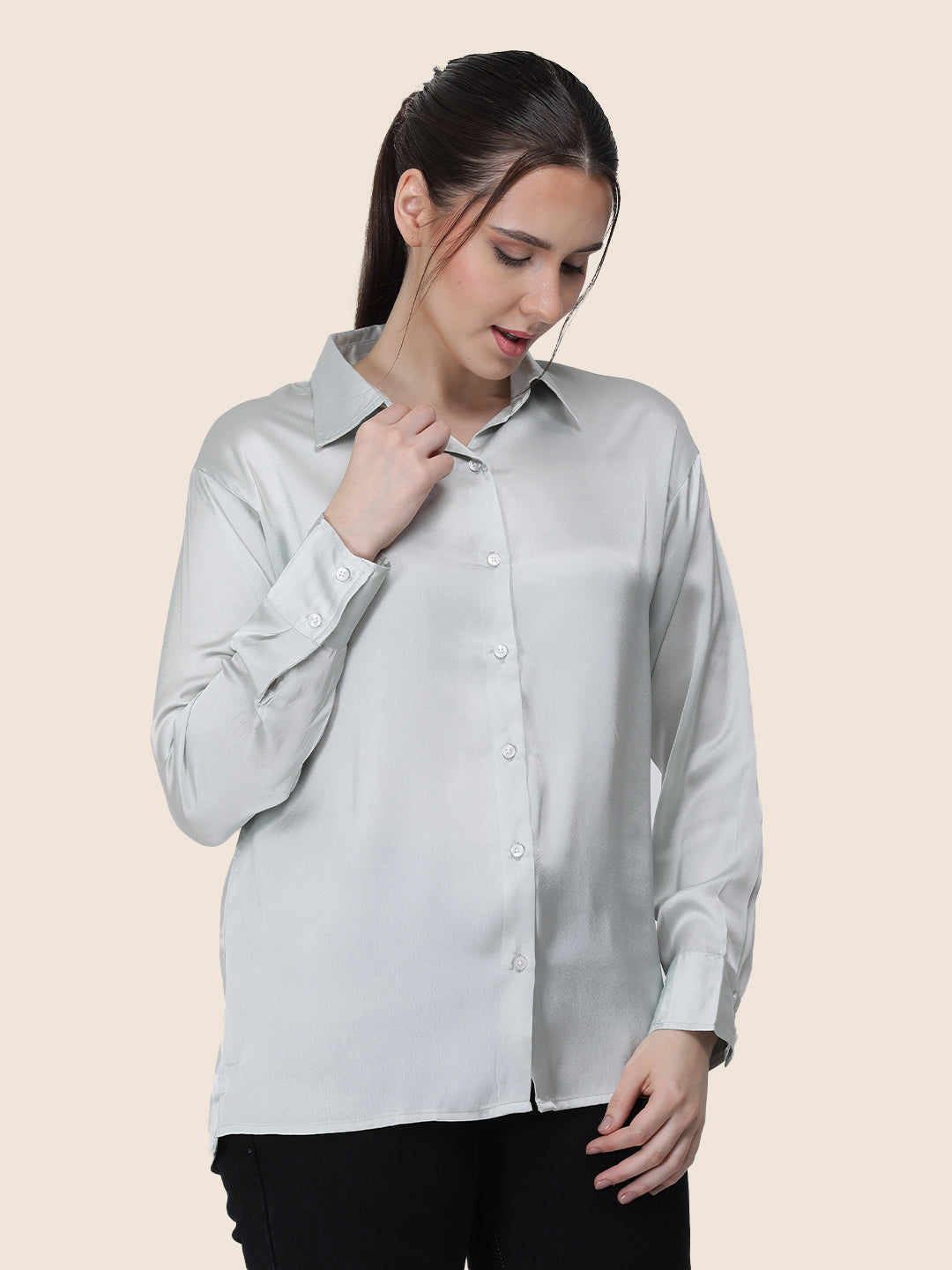 Women'S Premium Steel Grey Regular Fit Solid Satin Shirt