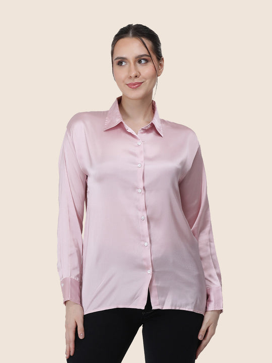 Women'S Premium Light Pink Regular Fit Solid Satin Shirt