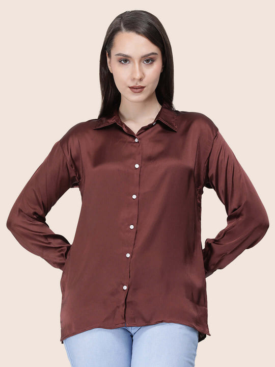Women'S Premium Chocolate Brown Regular Fit Solid Satin Shirt