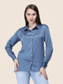 Women'S Premium Marble Blue Regular Fit Solid Satin Shirt