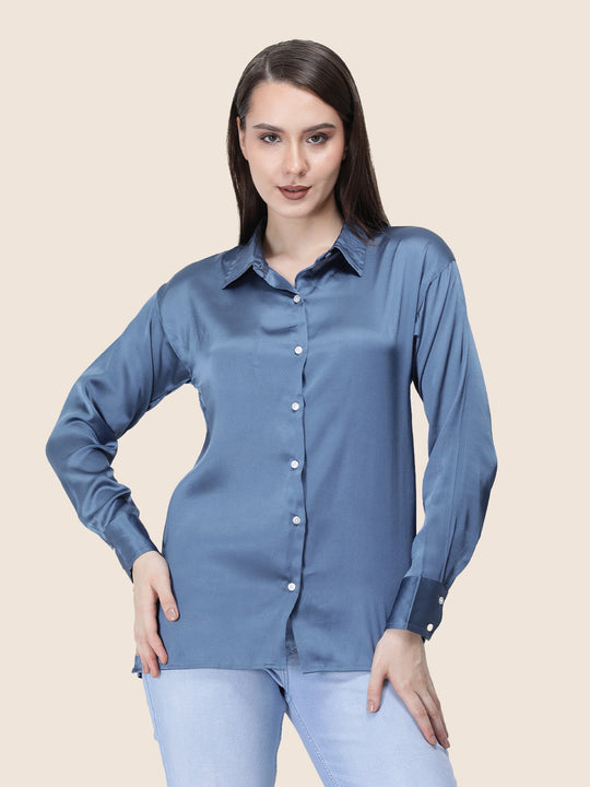 Women'S Premium Marble Blue Regular Fit Solid Satin Shirt
