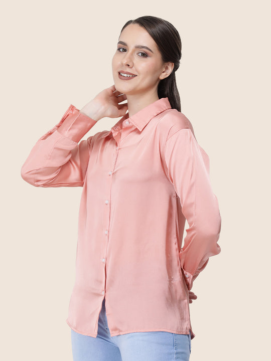 Women'S Premium Peachy Pink Regular Fit Solid Satin Shirt
