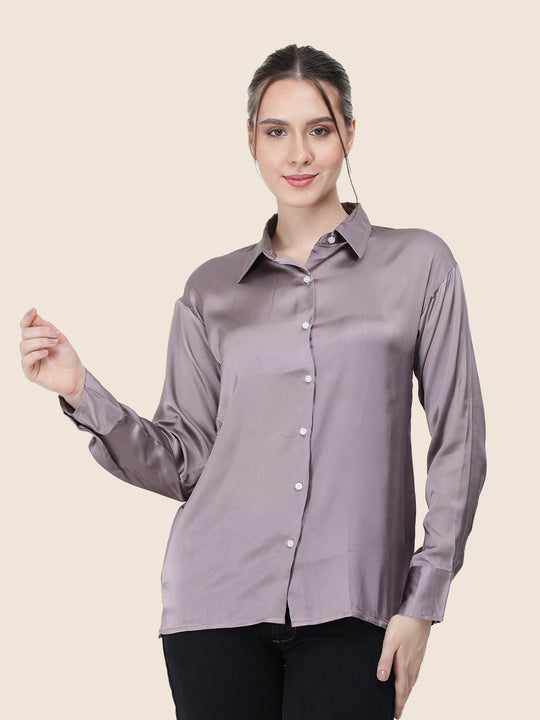 Women'S Premium Mauve Regular Fit Solid Satin Shirt